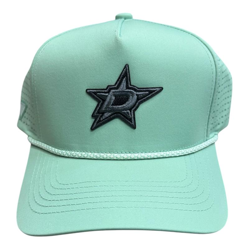 A mint green trucker-style baseball cap featuring an embroidered Dallas Stars logo on the front. The cap has a structured front panel, a curved brim with stitched detailing, and perforated mesh side panels.