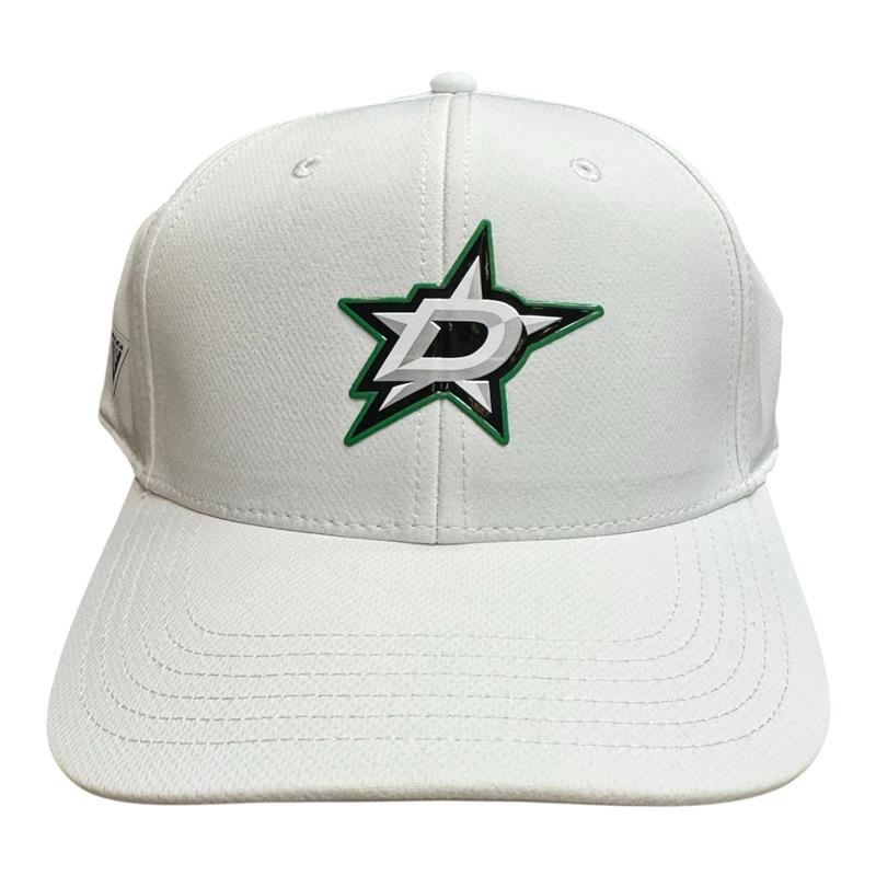 A white structured baseball cap featuring the Dallas Stars logo embroidered on the front, set against a plain white background.