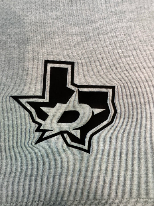 Close-up of a light heather gray fabric with a black and white stylized graphic logo printed on the front.