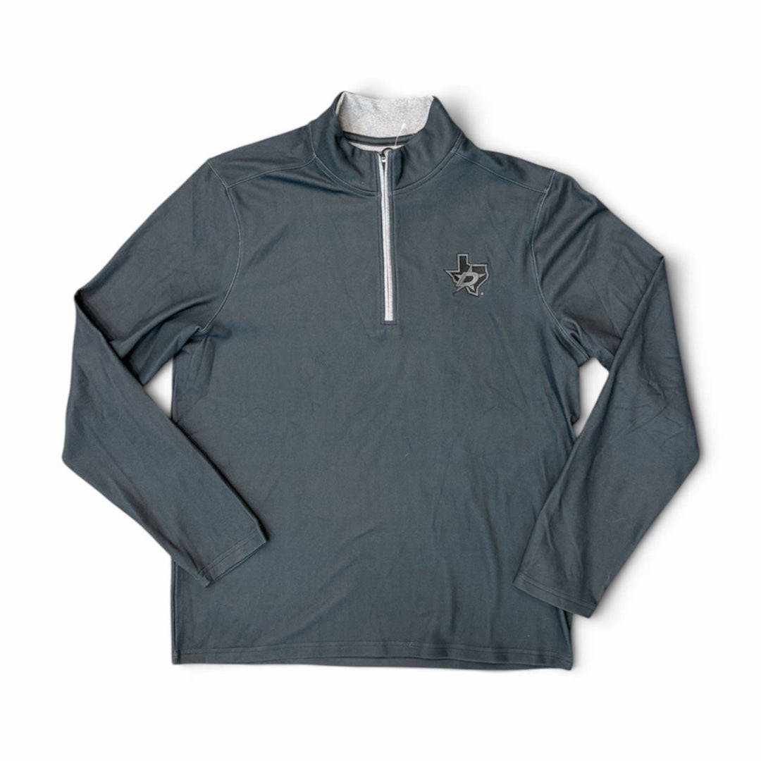A dark slate gray long-sleeve quarter-zip pullover with a small embroidered Texas-State Dallas Stars logo on the left chest, displayed flat against a white background.