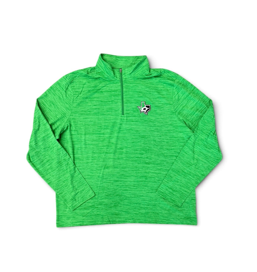 A bright green heathered long-sleeve quarter-zip pullover with a small Texas State Dallas Stars logo on the left chest, displayed flat against a white background.