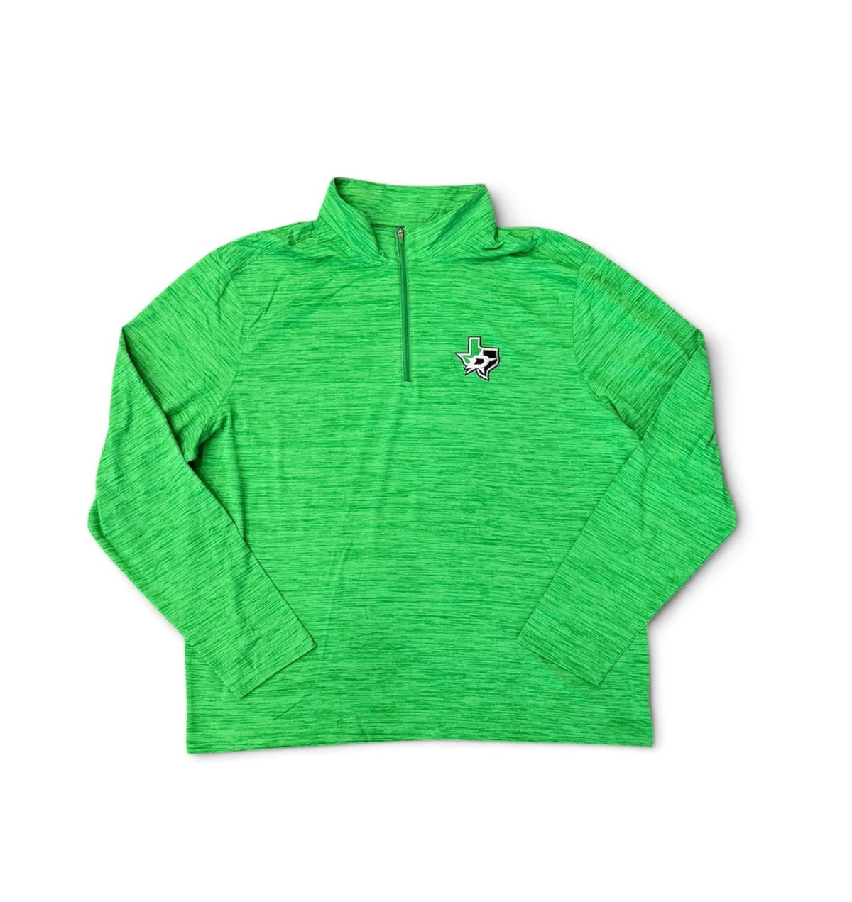 A bright green heathered long-sleeve quarter-zip pullover with a small Texas State Dallas Stars logo on the left chest, displayed flat against a white background.