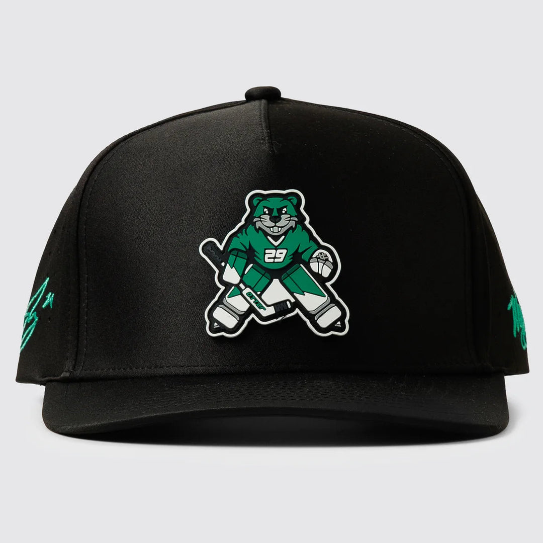 A black snapback cap featuring a green and white otter patch on the front, with green side embroidery, shown against a light gray background.