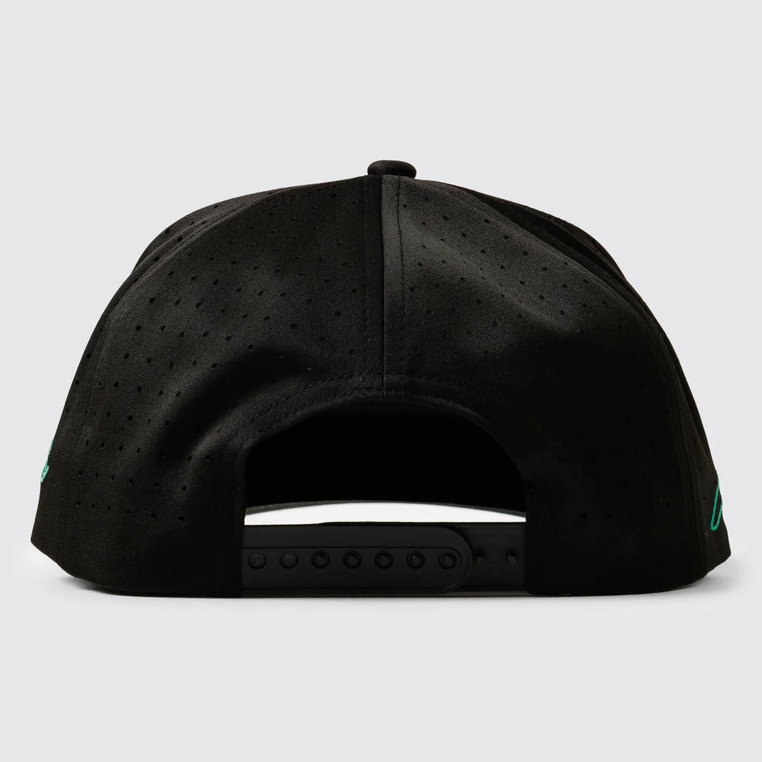 Black structured baseball cap with perforated side panels and an adjustable snapback closure, shown from the back on a light gray background.