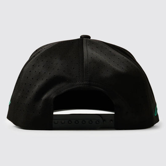 Black structured baseball cap with perforated side panels and an adjustable snapback closure, shown from the back on a light gray background.