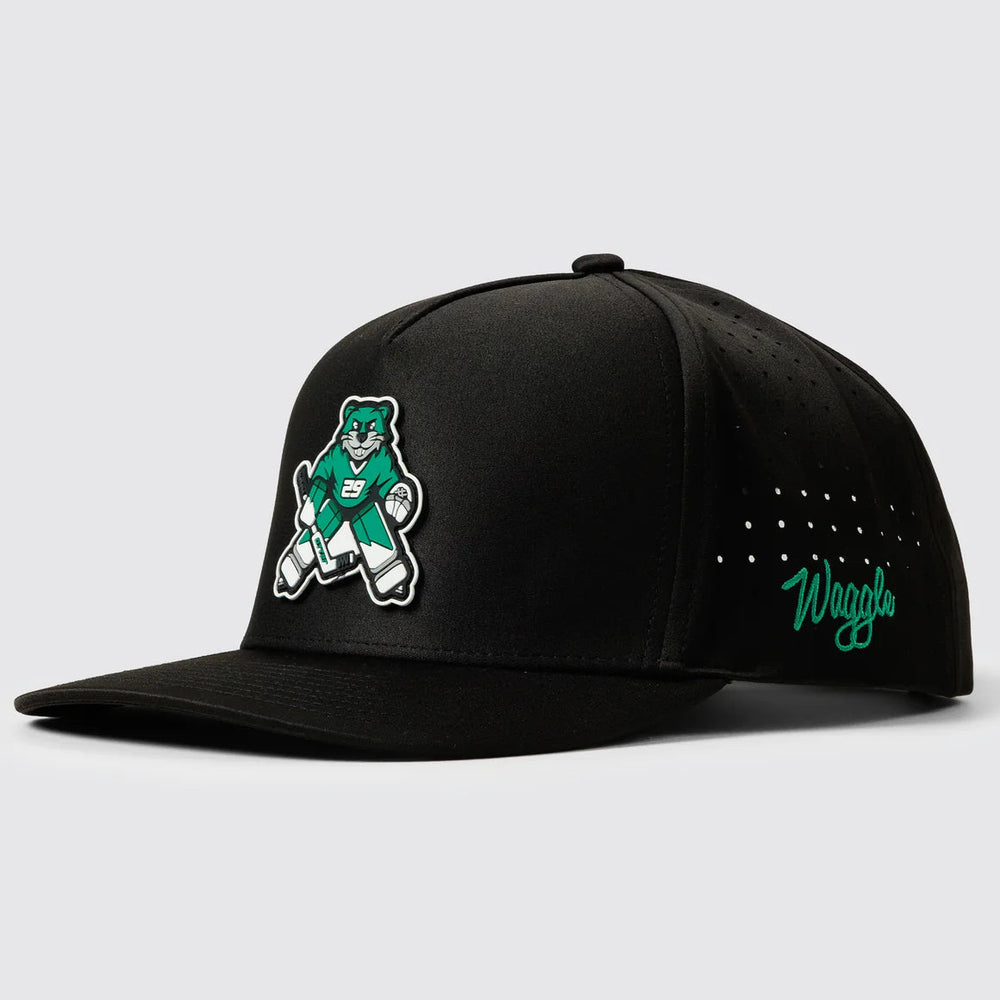 A black flat-brim baseball cap featuring a green and white hockey goalie otter patch on the front and a green 'Waggle' script logo on the side, set against a light gray background.