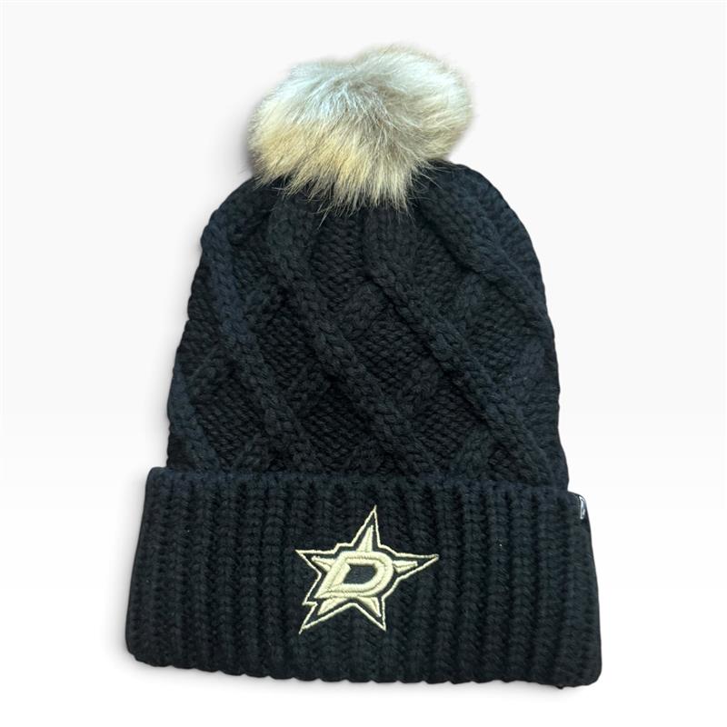 A black cable-knit beanie with a fluffy cream and gray pom-pom on top and a white embroidered Dallas Stars logo on the front cuff.