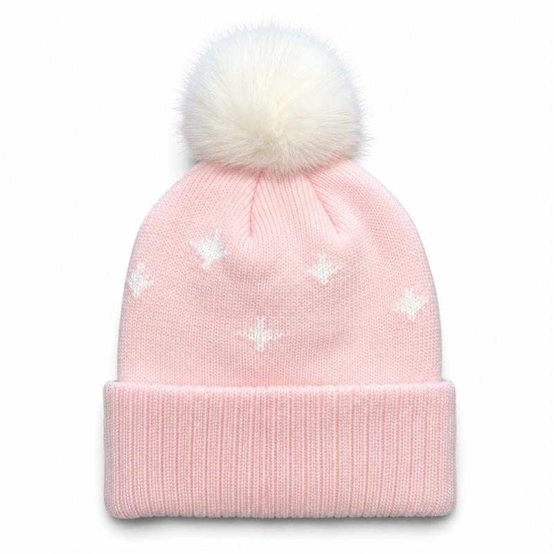 A light pink knit beanie hat with a fluffy white pom-pom on top and small white embroidered star patterns, shown against a plain white background.