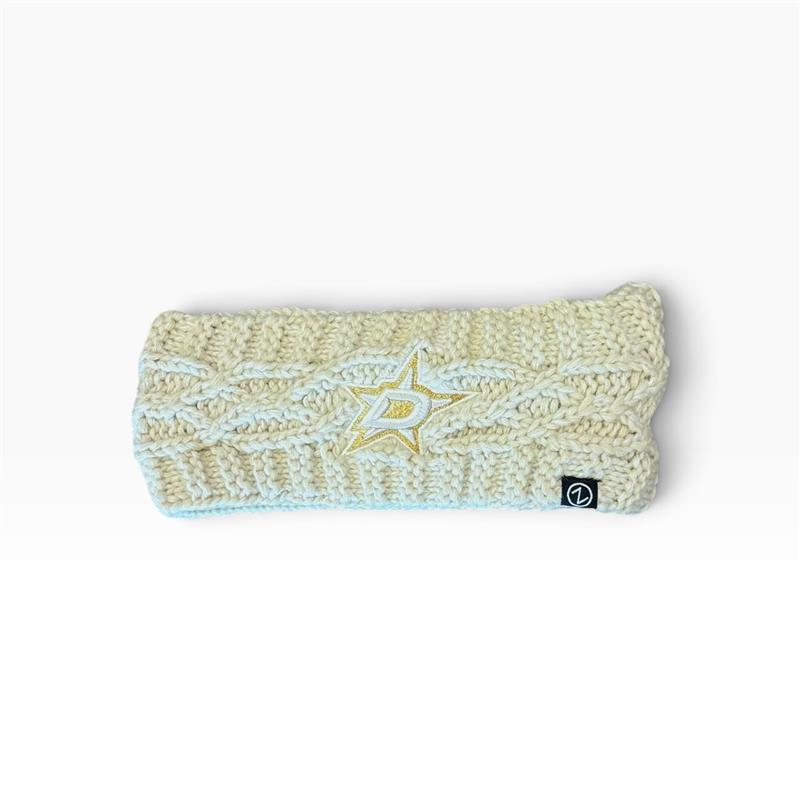 A tan knit Dallas Stars headband with  a team logo across the front, shown on a white background.
