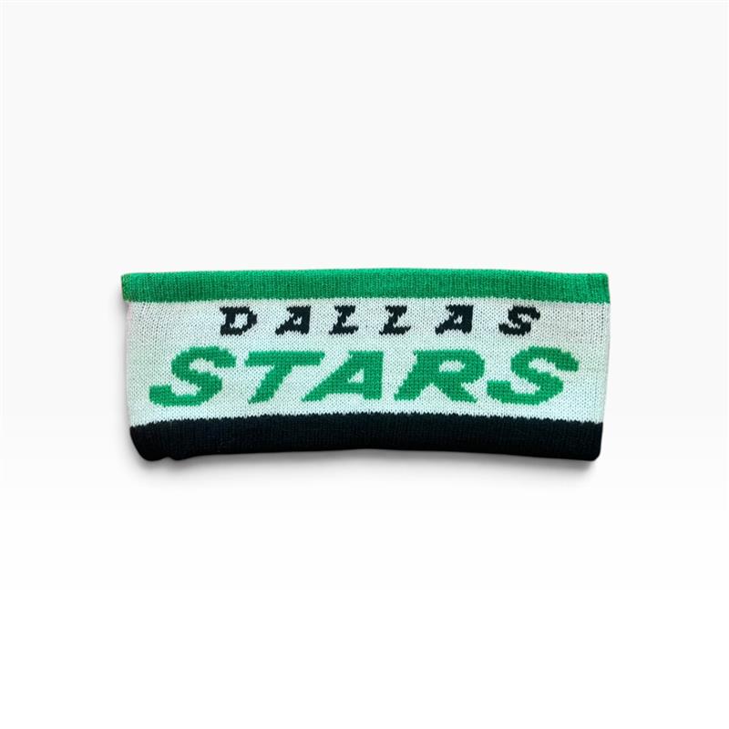 A knit Dallas Stars headband with green, white, and black stripes and the team name &