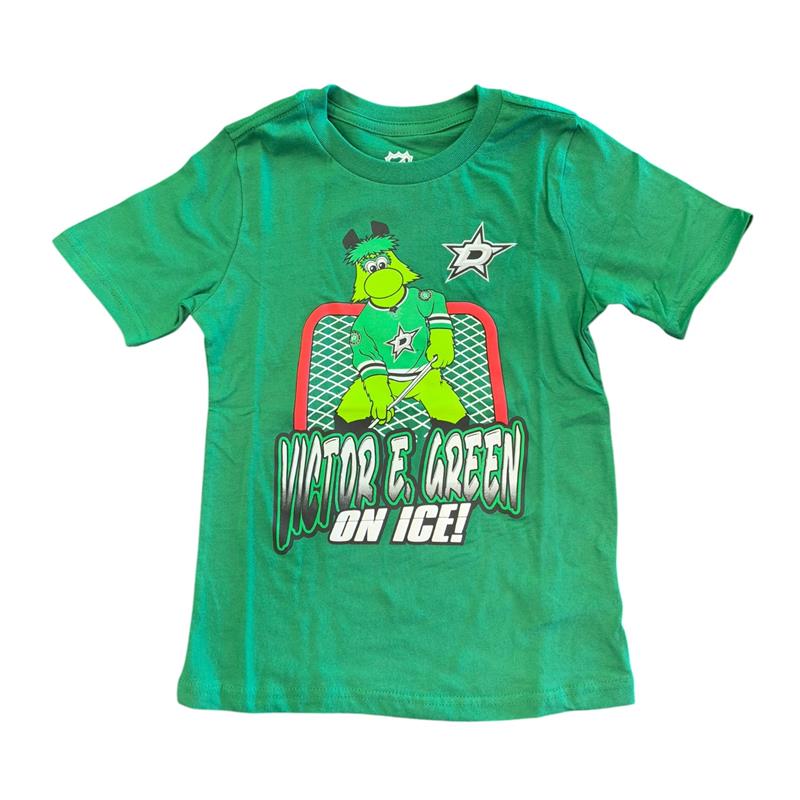 A green short-sleeve t-shirt featuring a cartoon graphic of Victor E. Green in a hockey goalie uniform behind a red net, with the text &