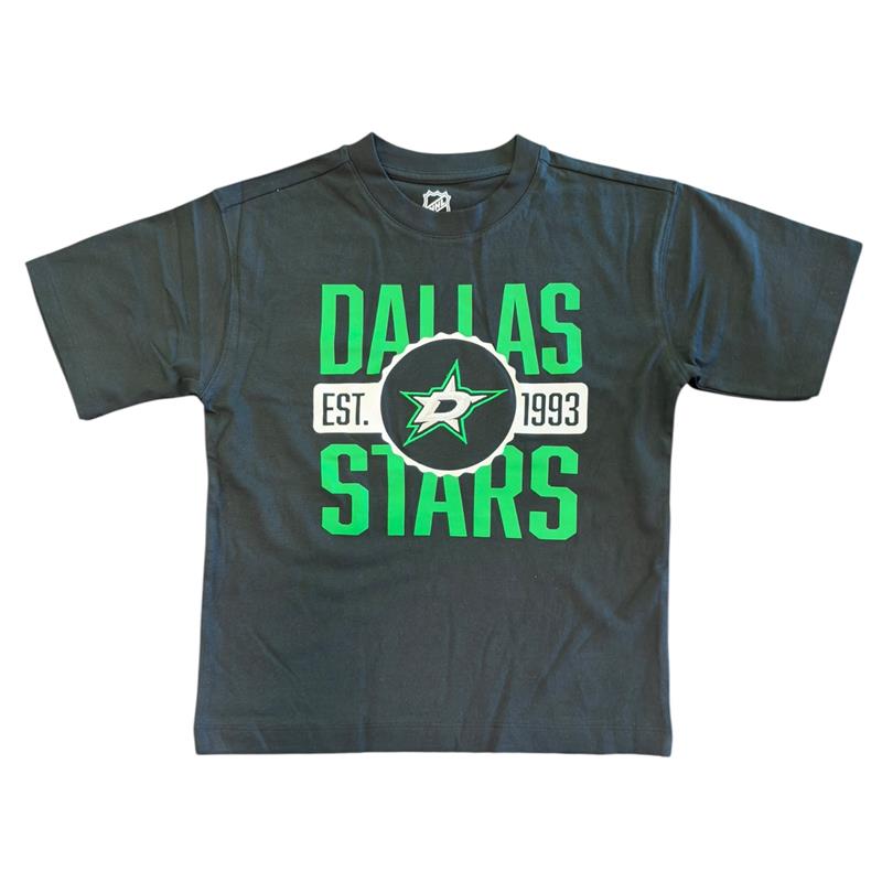 A black short-sleeve t-shirt featuring a green and white Dallas Stars graphic on the front, displayed flat against a plain white background.