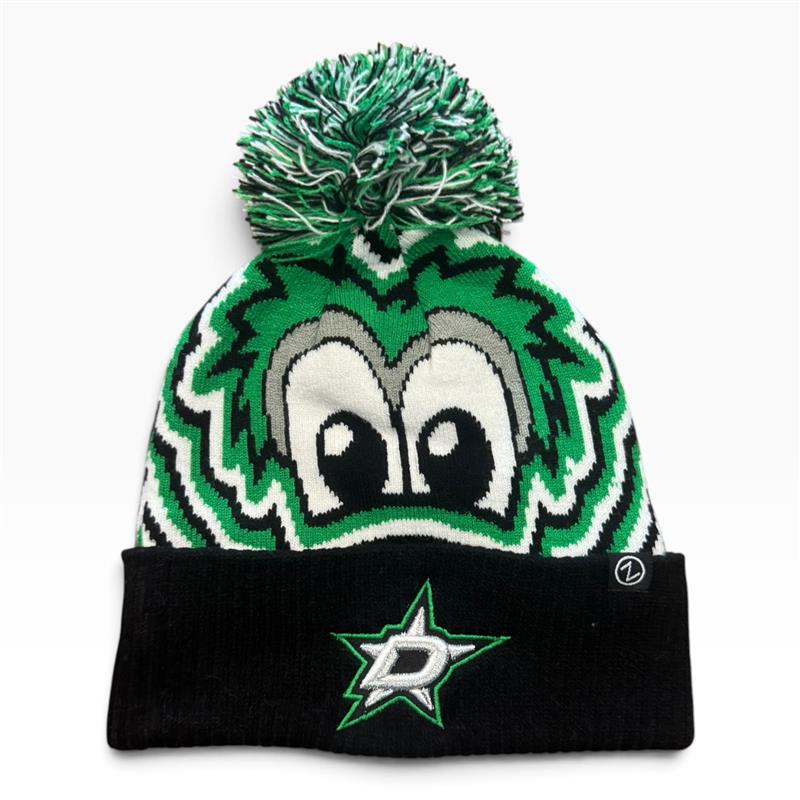 Dallas Stars Victor E. Green Mascot eyes beanie. Black cuff witht team logo. Gren, white, and black pom