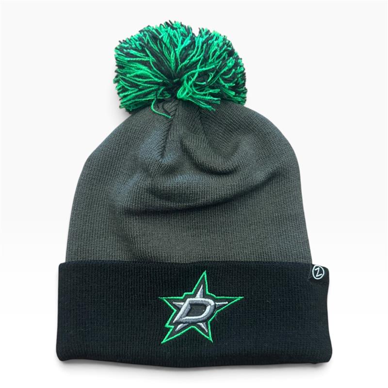 GRAY BEANIE AND BLACK CUFF WITH GREEN/BLACK POM WITH DALLAS STARS LOGO