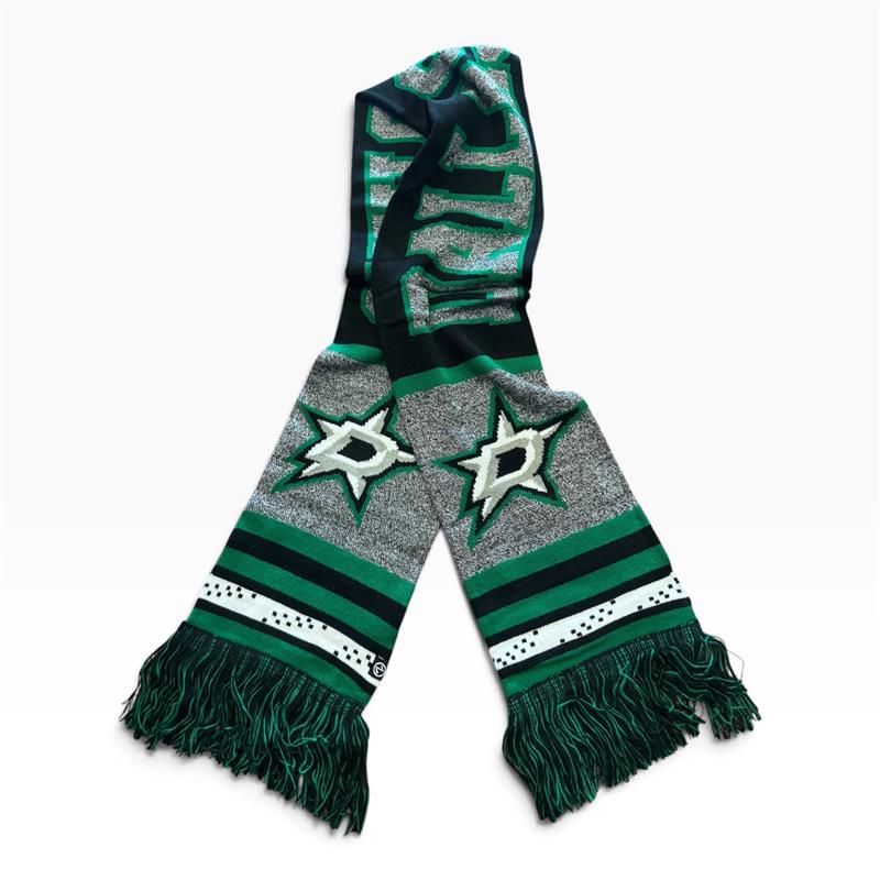 A knit scarf featuring the Dallas Stars logo, with a pattern of gray, green, black, and white, finished fringe.