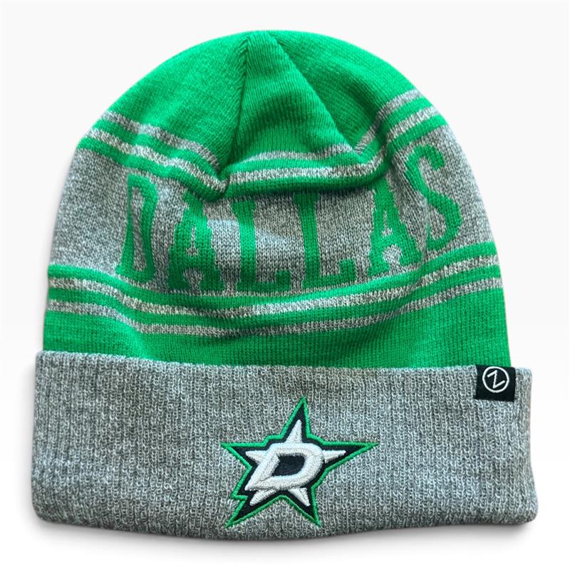 A knit beanie hat in bright green and heather gray, featuring the word &