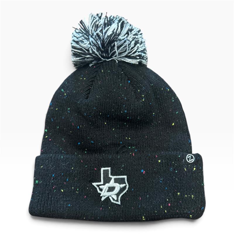 Black Beanie with Colorful specs. Black and white pom