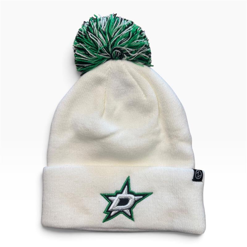 WHITE BEANIE WITH GREEN/BLACK/WHITE POM WITH DALLAS STARS LOGO