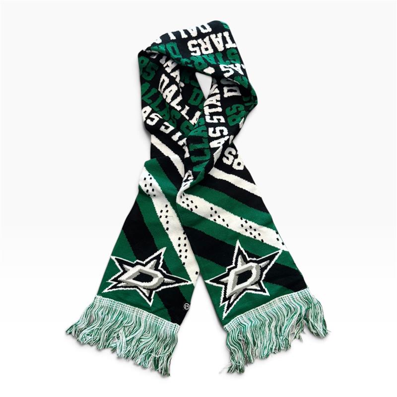 A knit scarf featuring the Dallas Stars logo, with a pattern of green, black, and white, finished with fringe.