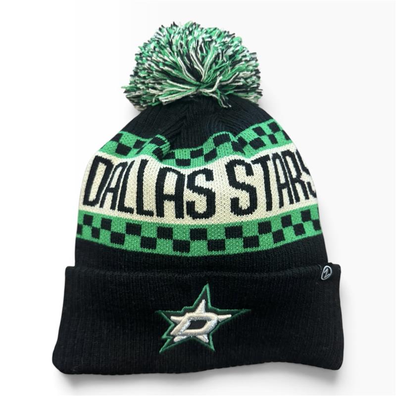 A black knit pom-pom beanie featuring green and white checkered stripes, &