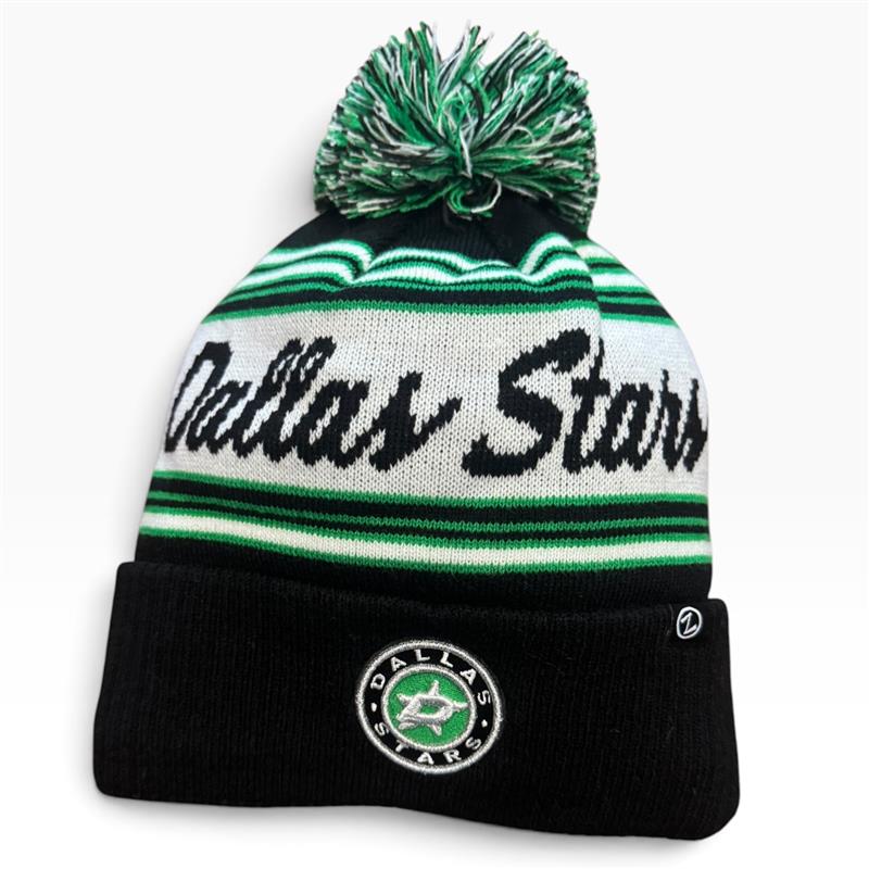 A black knit pom-pom beanie hat featuring green and white stripes, &