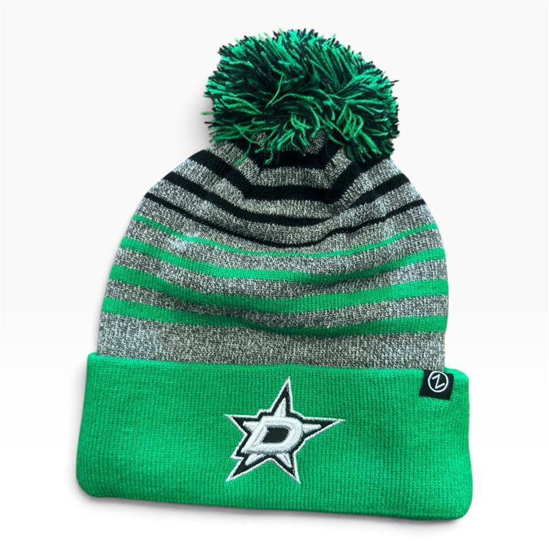 Gray beanie with green and black stripes. Green cuff and Embroidered Dallas Stars Logo. Green and Black pom.