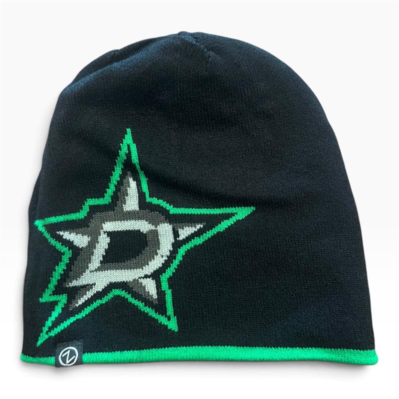 A black knit beanie featuring a knitted Dallas Stars logo on the front with a bright green outline and a small brand tag on the lower left cuff.