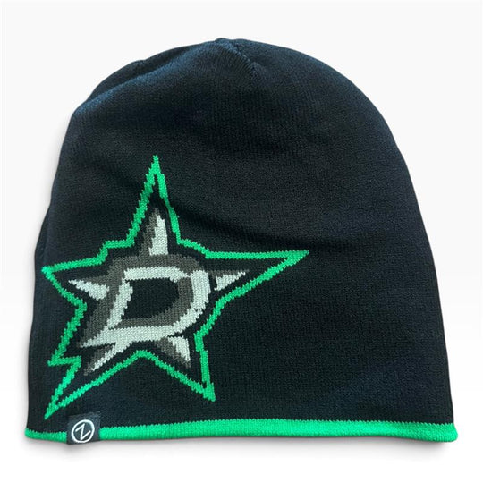 A black knit beanie featuring a knitted Dallas Stars logo on the front with a bright green outline and a small brand tag on the lower left cuff.