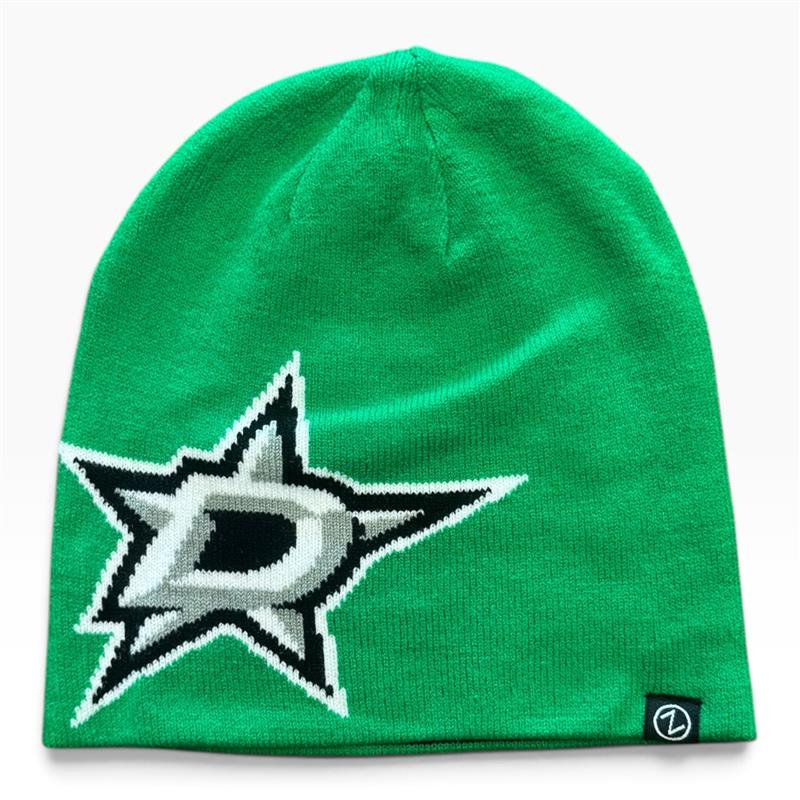 A green knit beanie featuring a knitted Dallas Stars logo on the front with a bright green outline and a small brand tag on the lower left cuff.