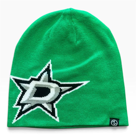 A green knit beanie featuring a knitted Dallas Stars logo on the front with a bright green outline and a small brand tag on the lower left cuff.