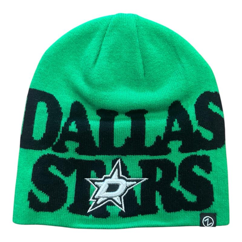 A bright green knit beanie featuring the Dallas Stars logo and &