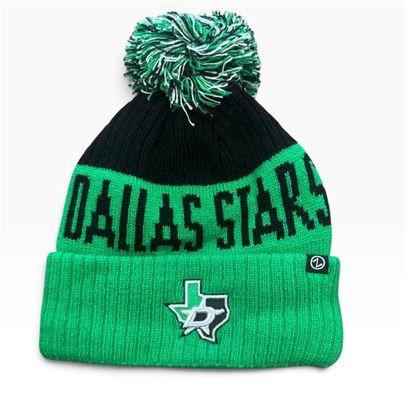 A green and black knit pom-pom beanie featuring &