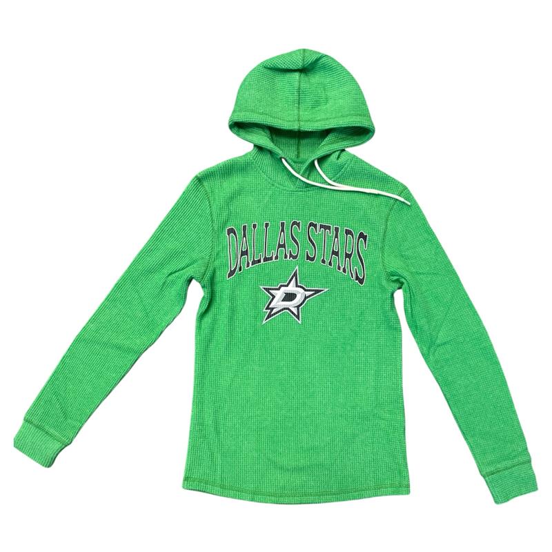 A green long-sleeve hooded sweatshirt with &