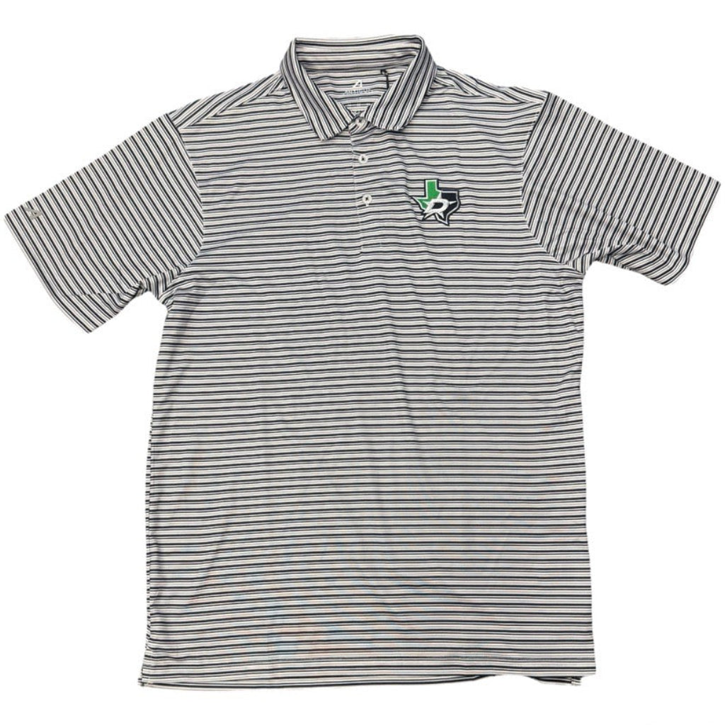A short-sleeve polo shirt with thin horizontal gray and white stripes, featuring a small embroidered Dallas Stars logo on the left chest, displayed flat against a white background.