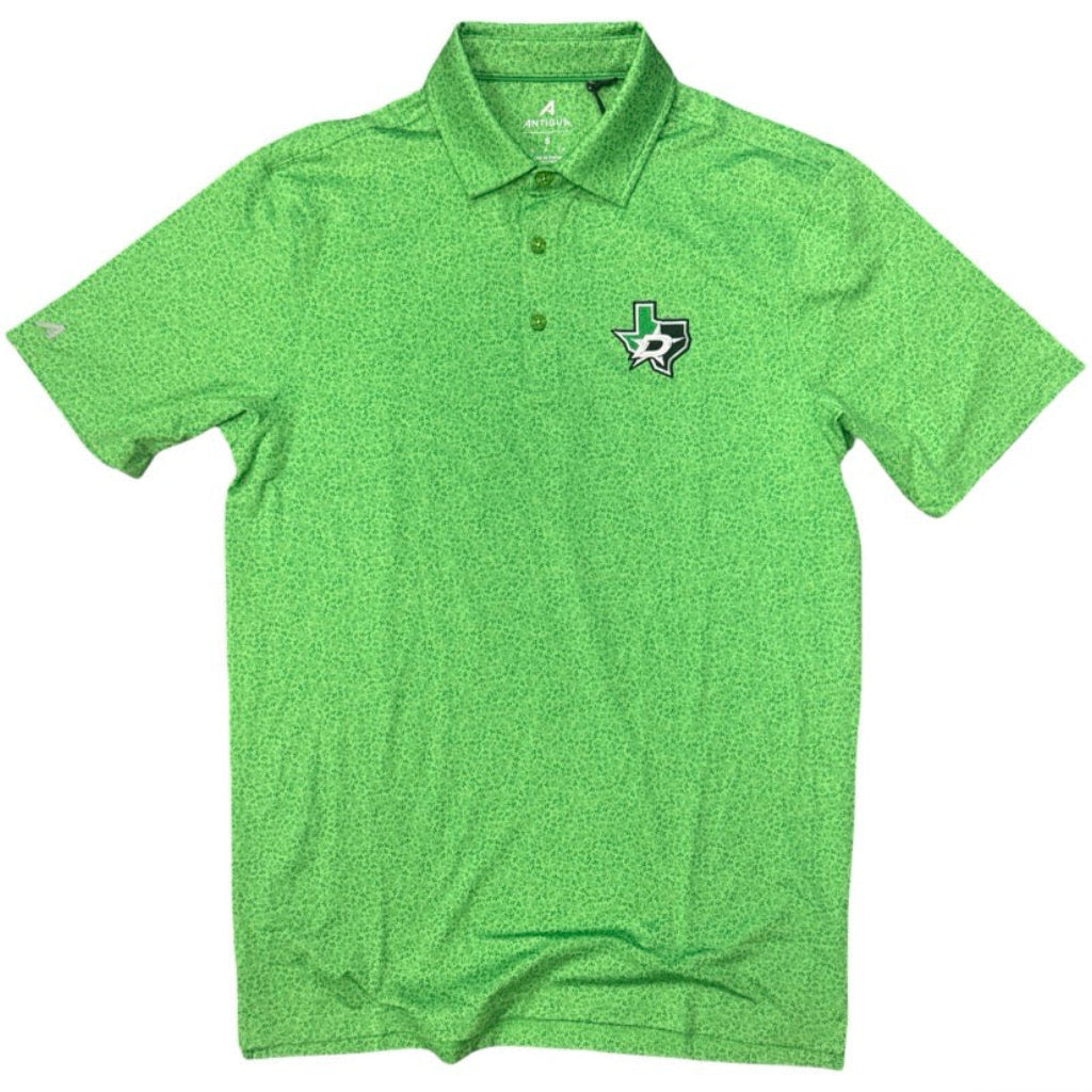 A bright green short-sleeve polo shirt with a subtle floral print, featuring a Dallas Stars logo embroidered on the left chest, displayed on a clean white background.