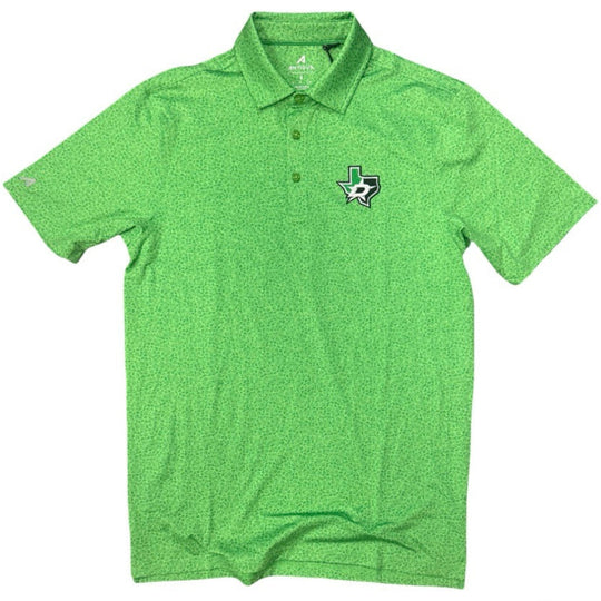 A bright green short-sleeve polo shirt with a subtle floral print, featuring a Dallas Stars logo embroidered on the left chest, displayed on a clean white background.