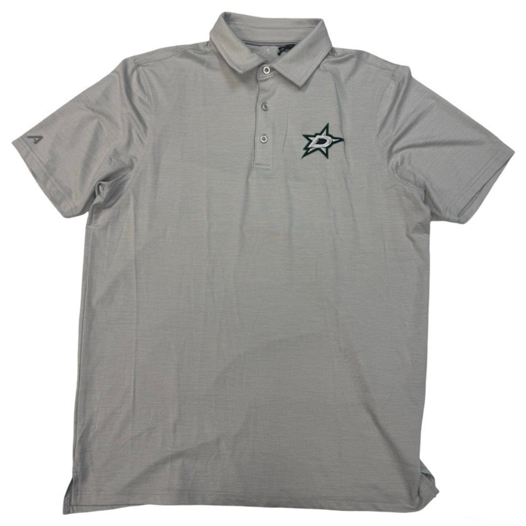 A light gray short-sleeve polo shirt with a small black and white embroidered Dallas Stars logo on the left chest, displayed flat against a white background.