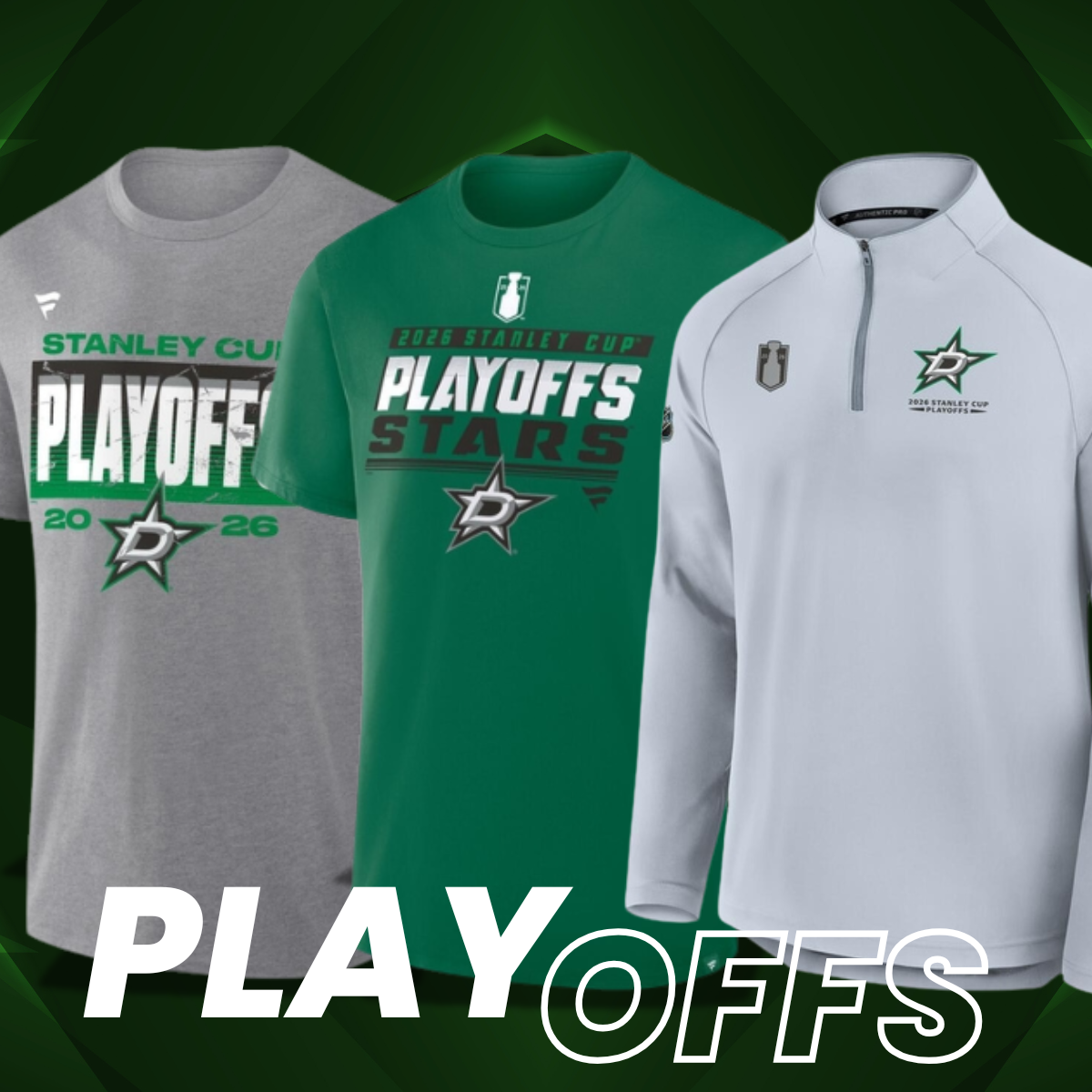 Three sports jerseys with 'Stanley Cup Playoffs' text and logos on a green background
