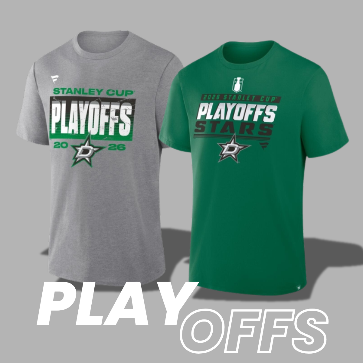 Gray and green t-shirts with 'Stanley Cup Playoffs' text on a gray background