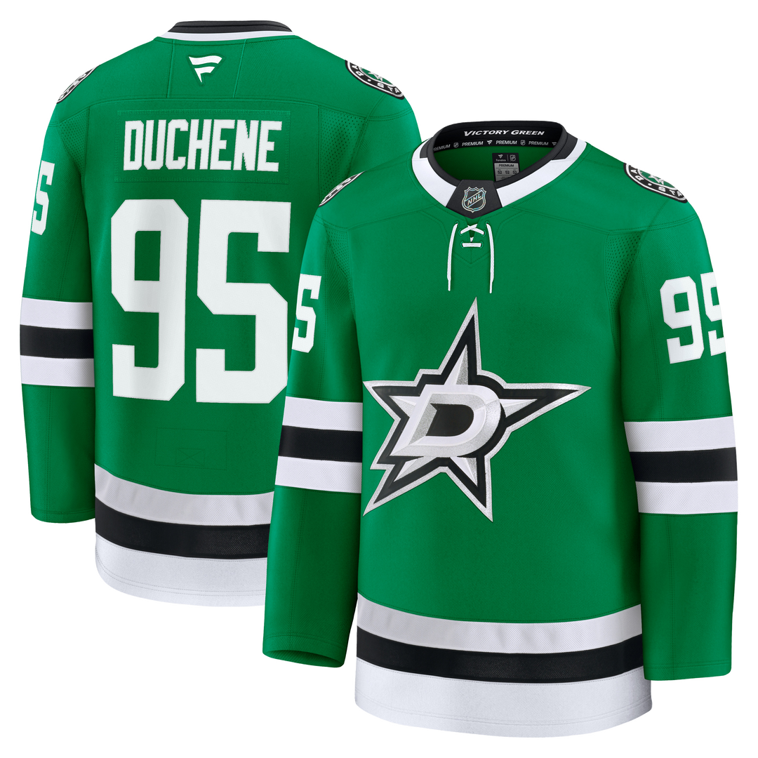 Green Dallas Stars hockey jersey shown from front and back on a white background. The front features the Dallas Stars logo and number 95, while the back shows the name DUCHENE and number 95 in white with black outlines.
