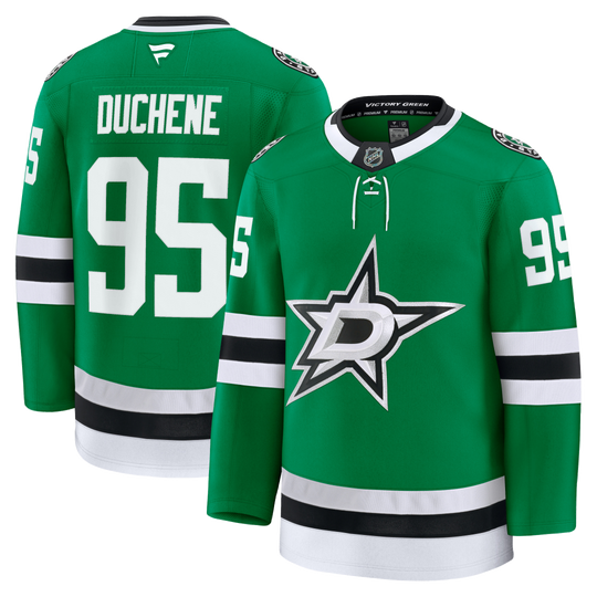 Green Dallas Stars hockey jersey shown from front and back on a white background. The front features the Dallas Stars logo and number 95, while the back shows the name DUCHENE and number 95 in white with black outlines.