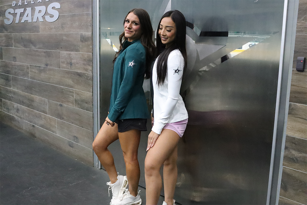 Photo of models wearing define lululemon define jacket in green and white