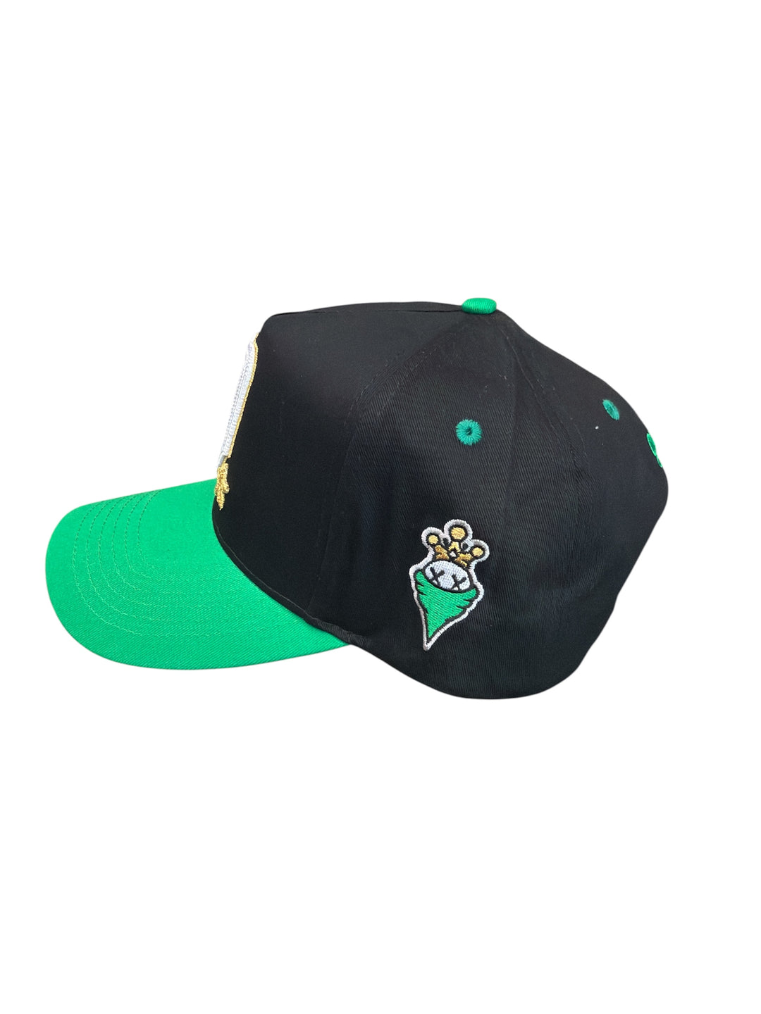 Black and green cap with a logo on a white background