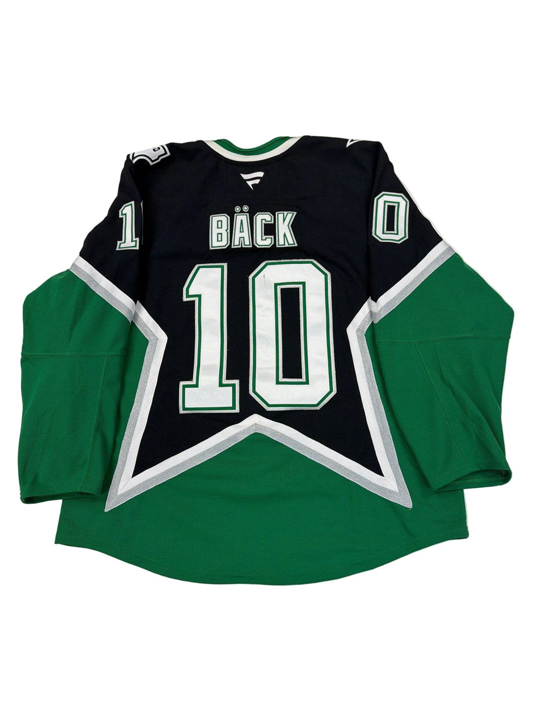 Green and black sports jersey with number 19 and name 'Bäck' on a white surface.