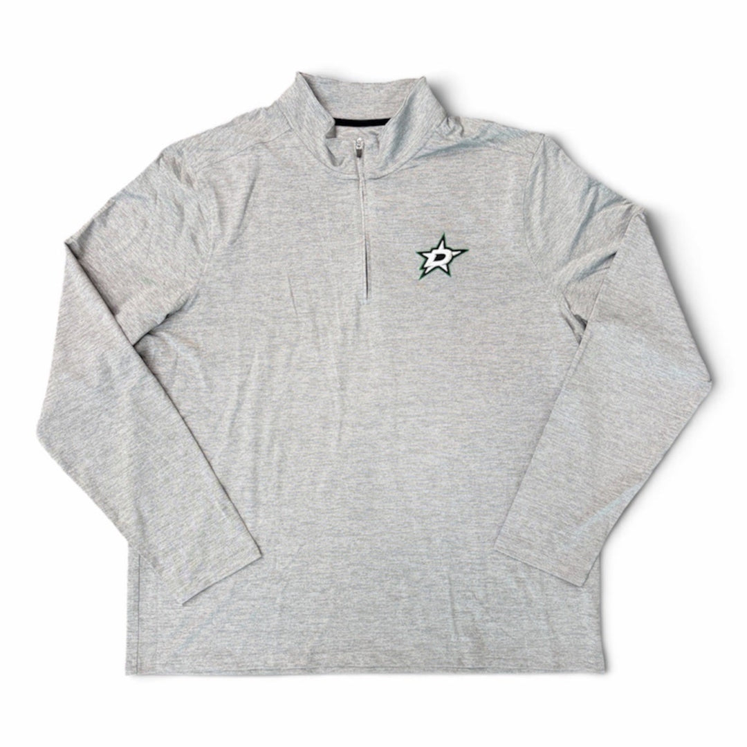 A light gray heather long-sleeve quarter-zip pullover with a small white DALLAS STARS logo on the left chest, displayed flat against a white background.