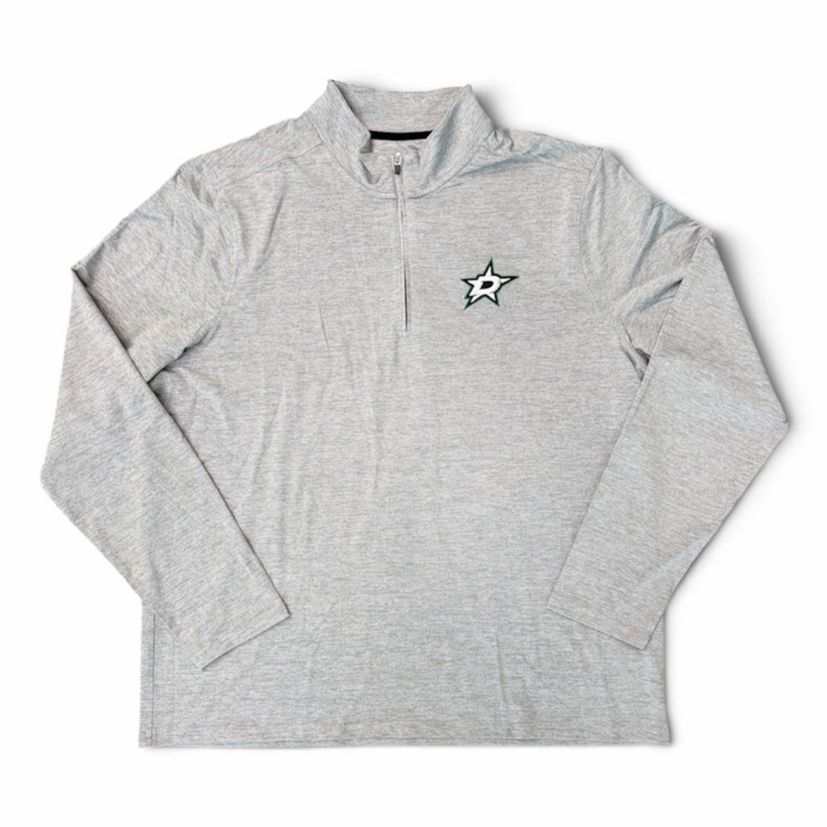 A light gray heather long-sleeve quarter-zip pullover with a small white DALLAS STARS logo on the left chest, displayed flat against a white background.