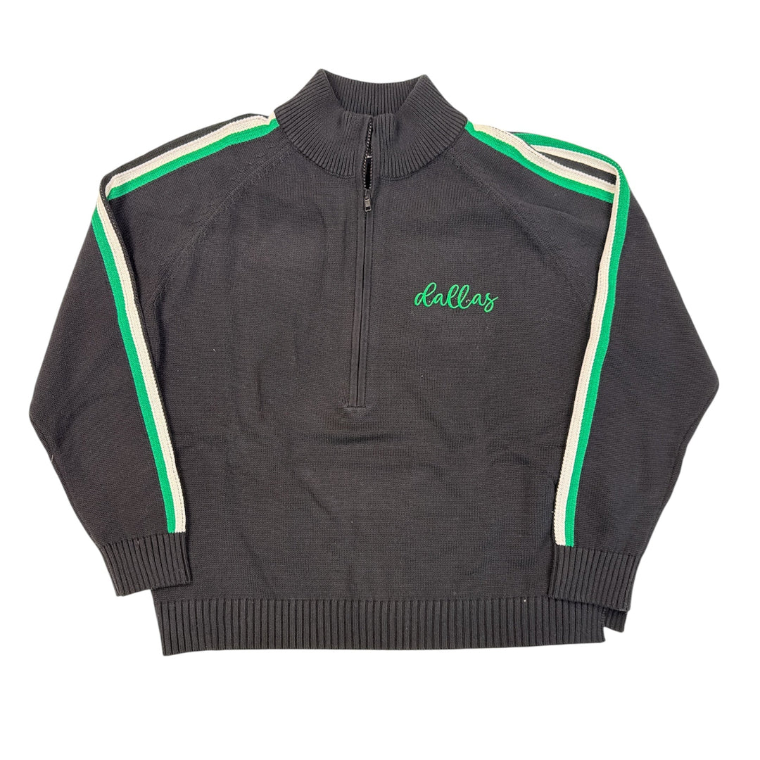 Black sweater with green and white stripes on a white background