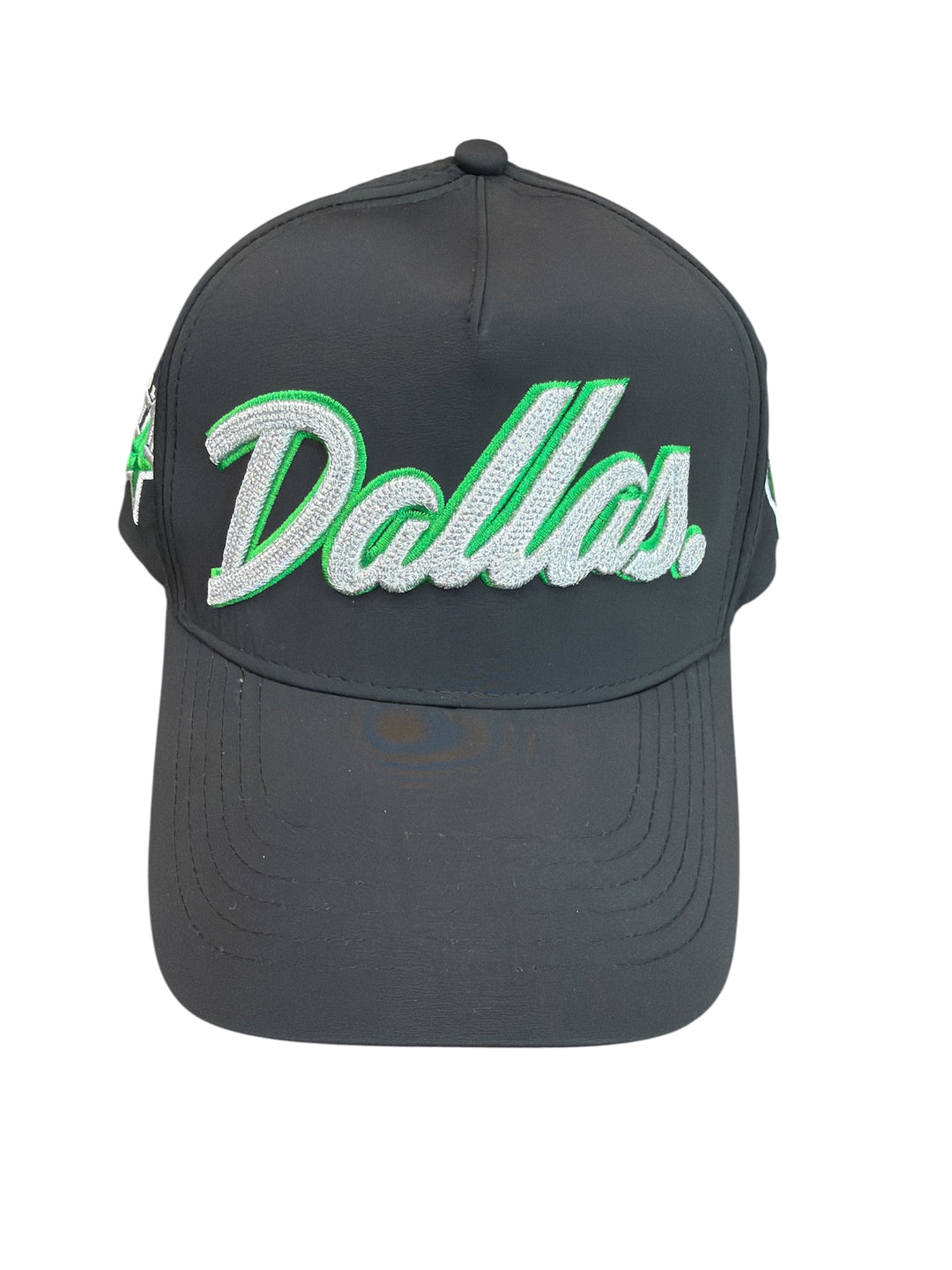 Black cap with 'Dallas' embroidered in white and green on a white background