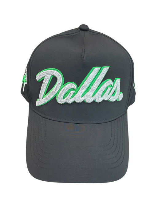 Black cap with 'Dallas' embroidered in white and green on a white background