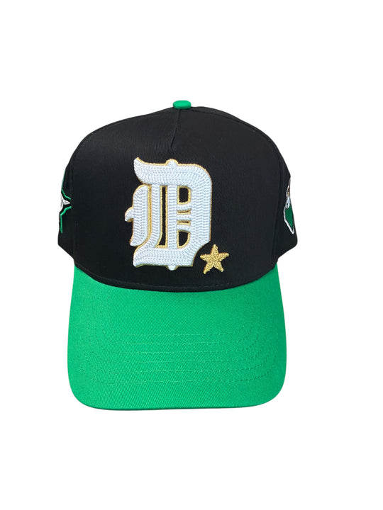 Black and green cap with a logo on a white background